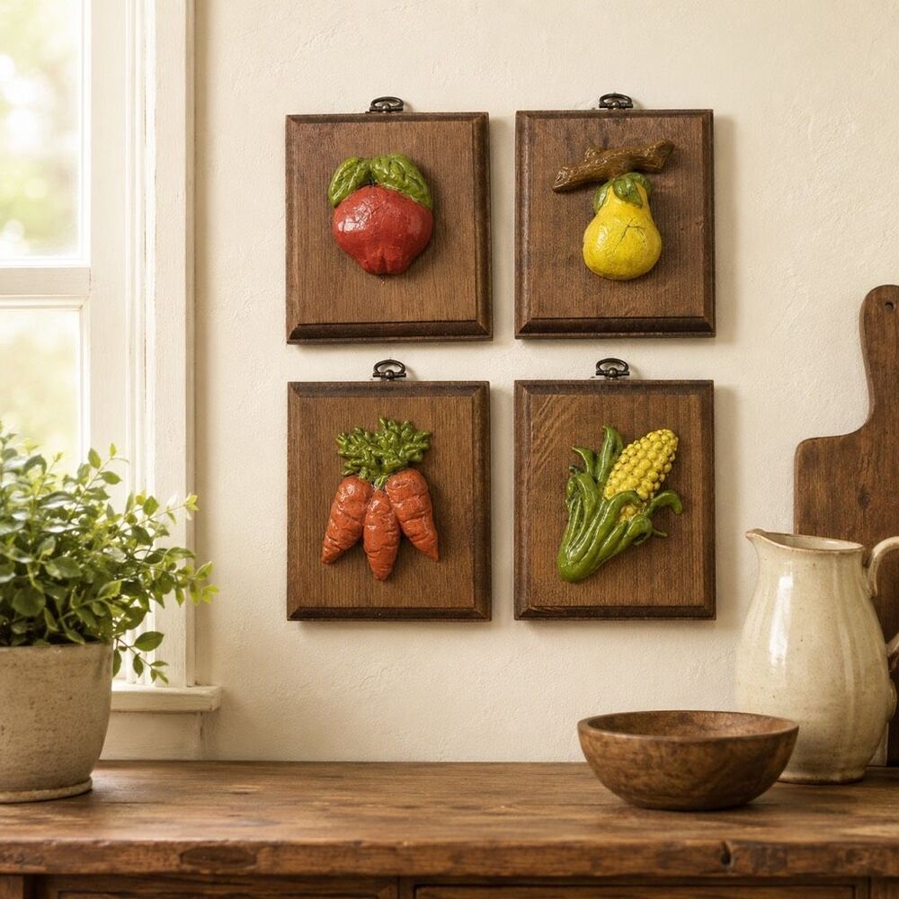 Giftcraft 3D Vegetable Wood Wall Plaques Set of 4 Kitchen Decor Vintage